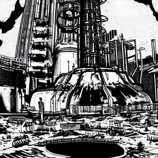 Image similar to nuclear reactor in fallout Kim Jung Gi black and white
