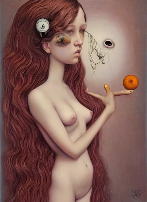 Prompt: pop surrealism, hyper realism, muted colors seductive female venus, cute girl, long hair, art by mark ryden, trevor brown
