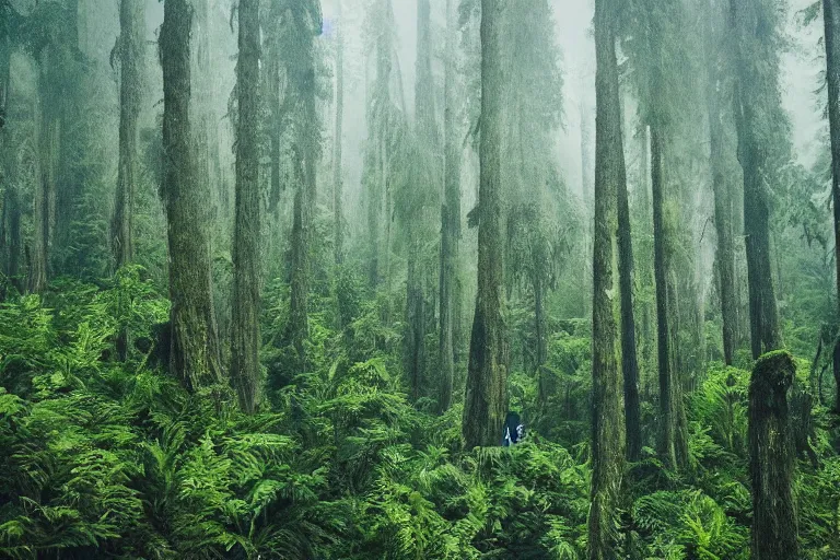 Prompt: a giants perspective of tourists taking a photo of it, lush forest, foggy, cinematic shot, photo still from movie by denis villeneuve