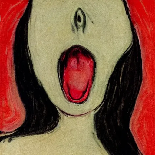 Prompt: portrait of a pale and thin, sickly - looking person of mixed ethnicity uttering a silent scream in the style of edvard munch's the scream.