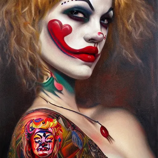 Image similar to photorealistic painting of a female tattooed clown face with a red nose, realistic eyes, symmetric face, beautiful bone structure, dark blonde long hair, painting by gaston bussiere