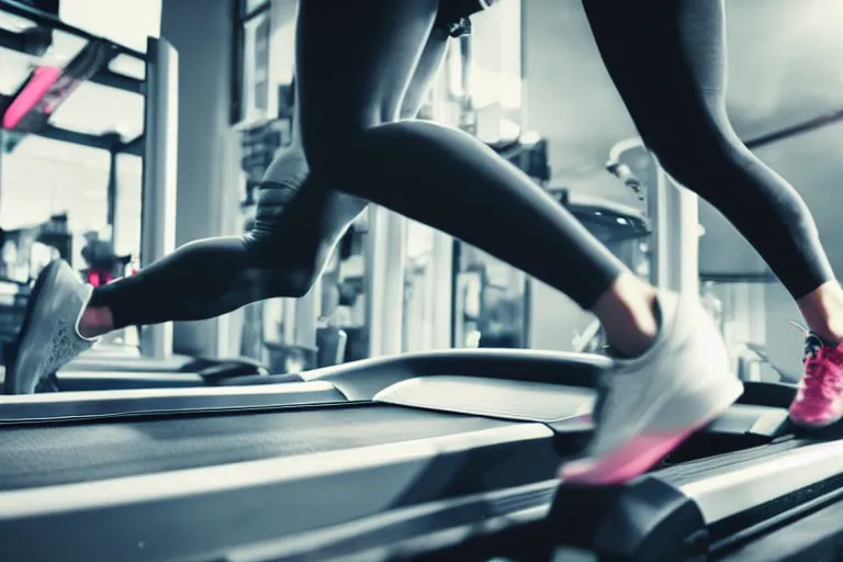 Prompt: close up on a treadmill. the person running is wearing old running shoes. dramatic lighting. cinematic. comic book style painting