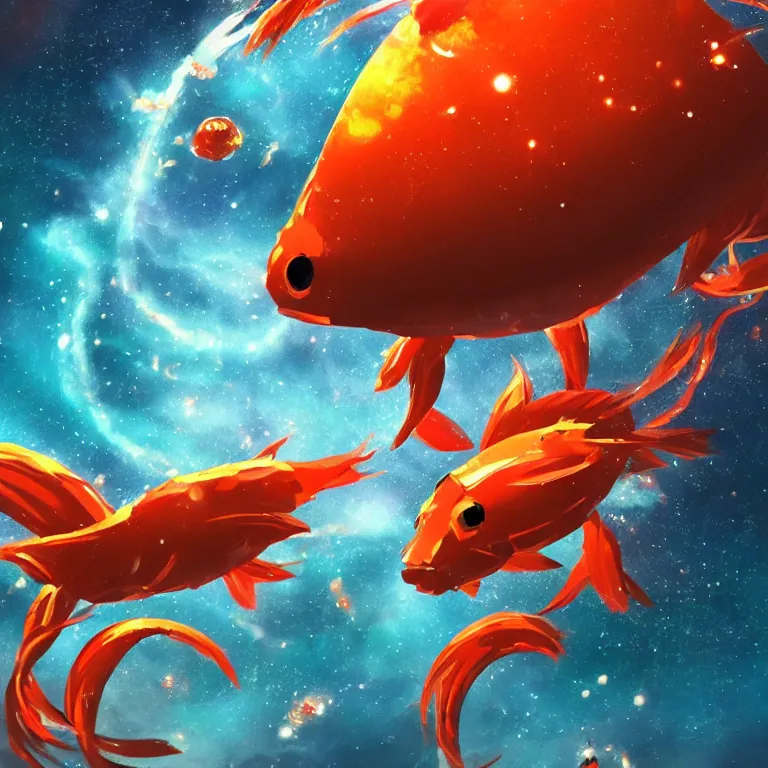 Prompt: a giant shiny robot koi karp flying in deep space toward an exploding spiral galaxy. strong irideshent reflections. cinematic. film look. detailed. artstation.