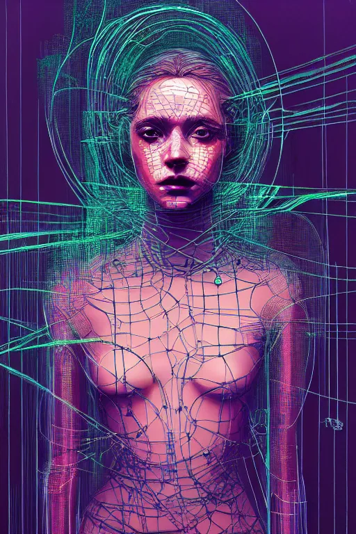 Prompt: dreamy cyberpunk girl, abstract wire clothes, digital nodes, beautiful woman, detailed acrylic, grunge, intricate complexity, by dan mumford and by alberto giacometti, peter lindbergh, zac retz