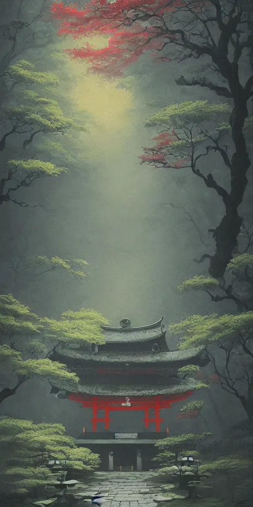 Prompt: foggy japanese shrine!!! a highly detailed cinematic oil painting by roger dean and alena aenami, dynamic lighting