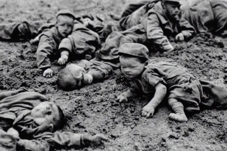 Image similar to newborn baby soldiers crawling, storming normandy, old world war 2 photo, film grain