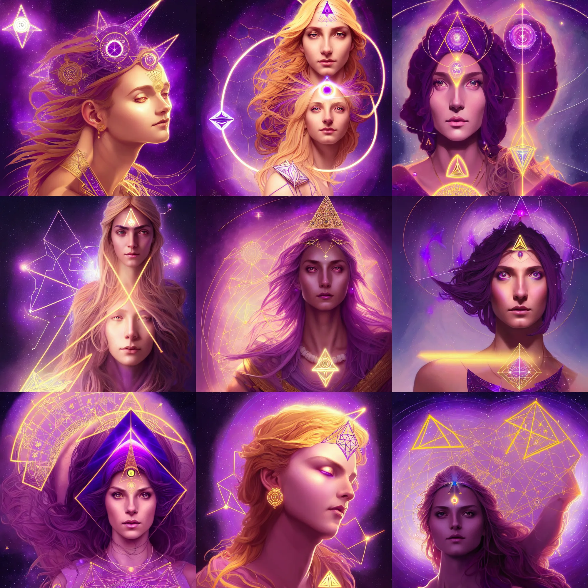 Image similar to a gallent goddess with glowing purple third eye chakra and golden hair, geometric third eye triangle, sci - fi face, constellation geometry mandal background, breathtaking stars, elegant, highly detailed, digital painting, artstation, concept art, smooth, sharp focus, spiritual art, art by artgerm and greg rutkowski and alphonse mucha, psychedelic