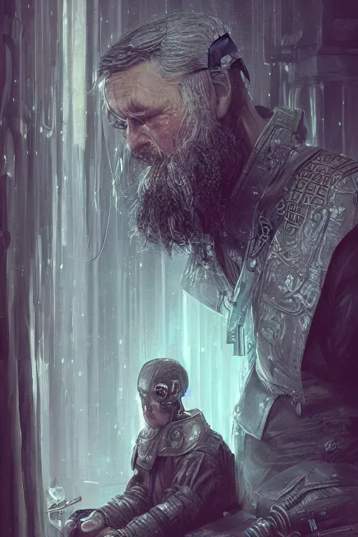 Image similar to ultrarealistic illustration cyberpunk old russian priest praying, cyberpunk, sci-fi fantasy, intricate, elegant, highly detailed, digital painting, artstation, concept art