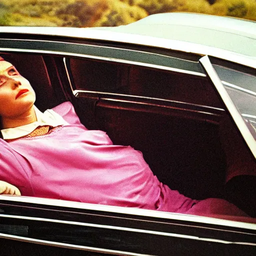 Image similar to a woman laying in the back seat of a car in 1 9 7 4 color