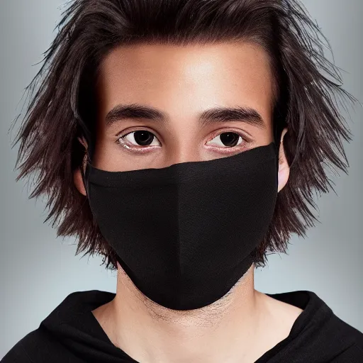 Image similar to professional digital art of a young adult man with slightly long hair wearing a black face mask and an oversized dark sweatshirt and dark sweatpants, high quality, HD, 8K, highly detailed, award-winning, sci-fi, fantasy, movie, show, tv series, actor, character