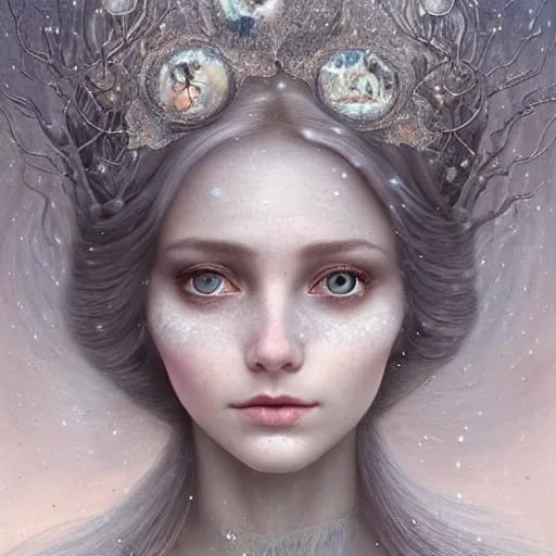 Image similar to Beautiful Delicate Detailed full head portrait of snow woman, With Magical grey eyes by Tom Bagshaw, Bastien Lecouffe Deharme, Erik Johansson, Amanda Sage, Alex Grey, Alphonse Mucha, Harry Clarke, Josephine Wall and Pino Daeni, Delicate winter frozen creature With long white windy Hair and Magical Sparkling Eyes, Magic Particles; Magic Swirls, in a oit of this world magical frozen landscape, 4K; 64 megapixels; 8K resolution concept art; detailed painting; digital illustration; hyperrealism; trending on Artstation; Unreal Engine Photorealistic, lifelike, Unreal Engine, sharp, sharpness, detailed, 8K