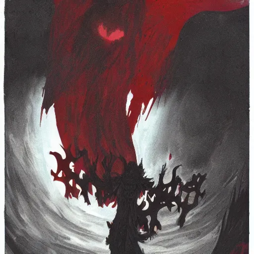 Prompt: the fall of lucifer in hell, oppressive and dark amotsphere with many shadows and dark red highlights, concept art by aleksandra waliszewska