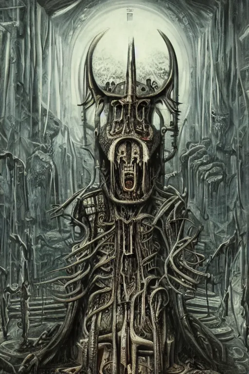 Image similar to Moloch, whose mind is pure machinery, eerie, sinister, horror, illustrated by Anne Stokes and H R Giger and Adrian Borda, super detailed, 4k, 8k