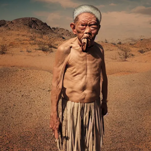 Image similar to floating old asian man with beard, his head covered in jewels, full face occult silver mask, glowing eyes, wearing a large carved wooden stick, smoke around him, in the dry rock desert, cinematic shot, wide angle, desert background, award winning photography, 8k, in the style of David Lynch, Alejandro Jodorowsky and Gaspar Noe