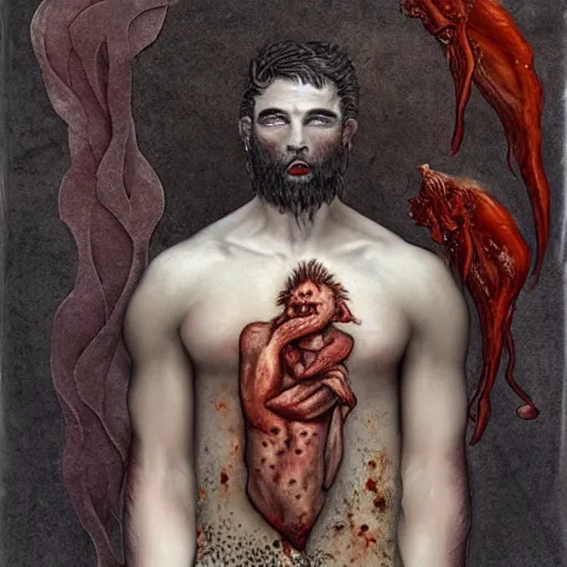 Prompt: emotive by mab graves. a mixed mediart of hercules after he has completed one of his twelve labors, the killing of the hydra. he is standing over the dead hydra, covered in blood clutching a sword that slew the beast. his face is expressionless.