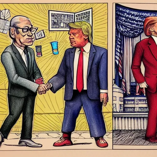 Image similar to !dream The Artwork of R. Crumb and his Cheap Suit Donald Trump and Jared Kushner, pencil and colored marker artwork, trailer-trash lifestyle