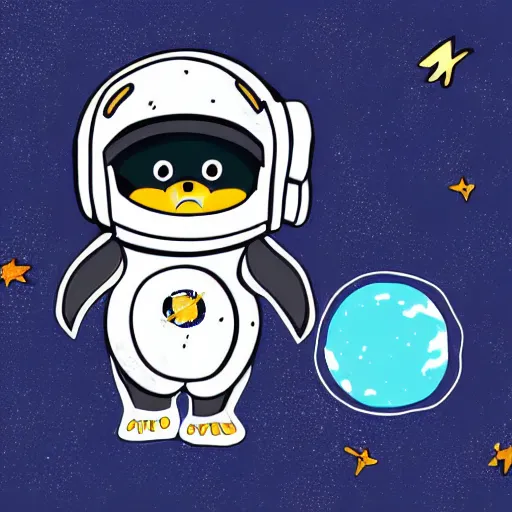 Image similar to cute drawing of a penguin baby on an astronaut suit, helmet on, floating on space, minimalist cartoon style, solid color