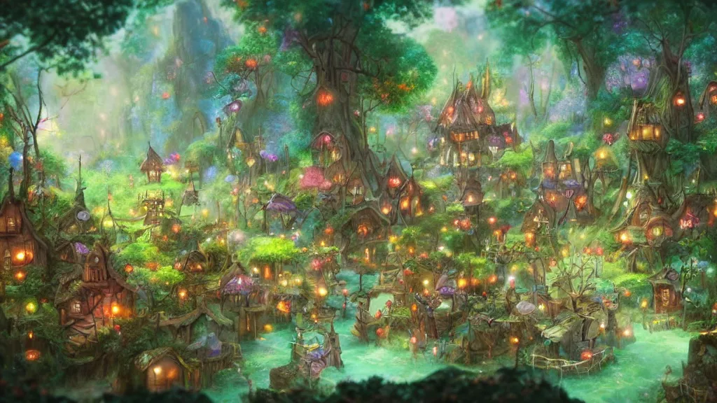 Prompt: a fairy village in a mystical magic forest, cinematic scene, colorful, candy, fantasy, fireflies, studio ghibli, frank frazetta, trending on artstation