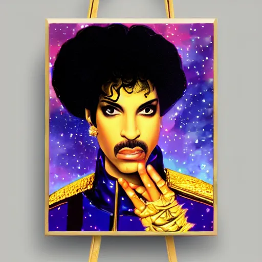 Image similar to a painting of prince in space in the style of pablo bell. trending on artstation.