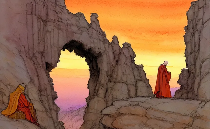 Image similar to a hyperrealist watercolour concept art of a desert day. through a large rock arch is a time portal to an orange sunset sky. a medieval monk in grey robes is in the foreground. by rebecca guay, michael kaluta, charles vess and jean moebius giraud. high detail, hq, wide shot