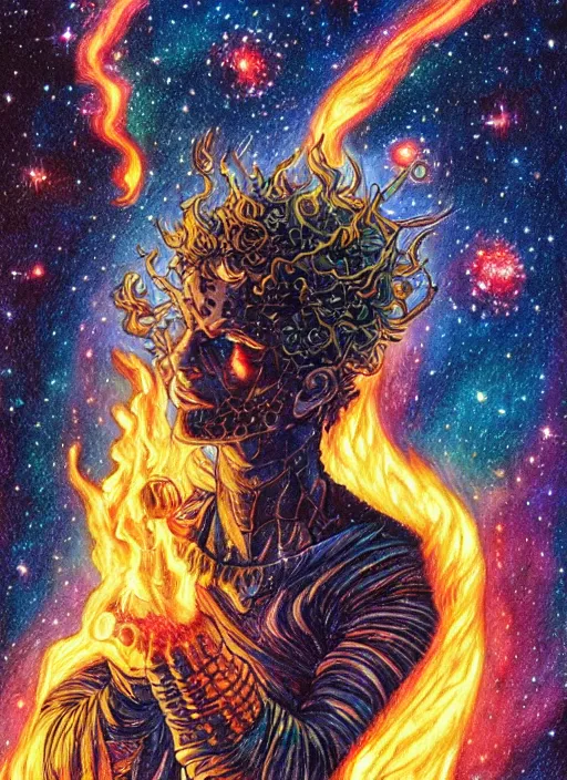 Image similar to high intricate colored ink drawing of the sandman holding a glimmering fire - galaxy, full shot, neil gaiman, maria panfilova, andrea savchenko, mike kime, ludovic plouffe, qi sheng luo, oliver cook, julian calle, eddie mendoza, trending on artstation