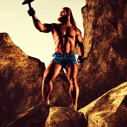 Prompt: muscular viking vacuuming on the top of a mountain, 4 k, very detaile, face accuracy, dramatic lighting, dark vibrant colors