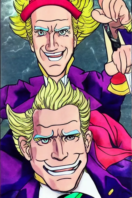 Image similar to Joe Biden as Jotaro Kujo JoJo from JoJo's Bizarre Adventure, anime drawing by Hirohiko Araki, vivid colors, colorful fashion