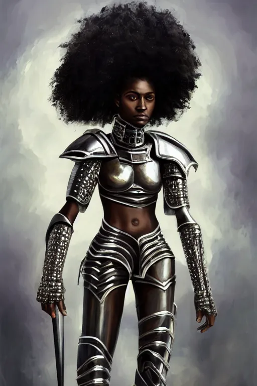 Image similar to a photorealistic painted portrait of an attractive young black girl, partially clothed in metal-plated battle armor, matt olive skin, long dark hair, flawless skin, beautiful bone structure, perfectly symmetric facial features, perfect photorealistic eyes, natural physique, intricate, elegant, digital painting, concept art, finely detailed, beautifully illustrated, sharp focus, minimal artifacts, from Metal Gear, by Ruan Jia and Mandy Jurgens and Artgerm and William-Adolphe Bouguerea, in the style of Greg Rutkowski, trending on Artstation, award winning art