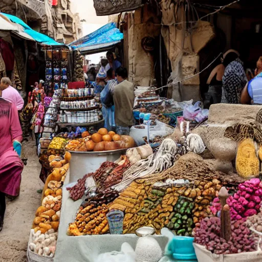 Prompt: an open air market in Egypt, vendors are selling wares, ancient relics, and mysterious trinkets