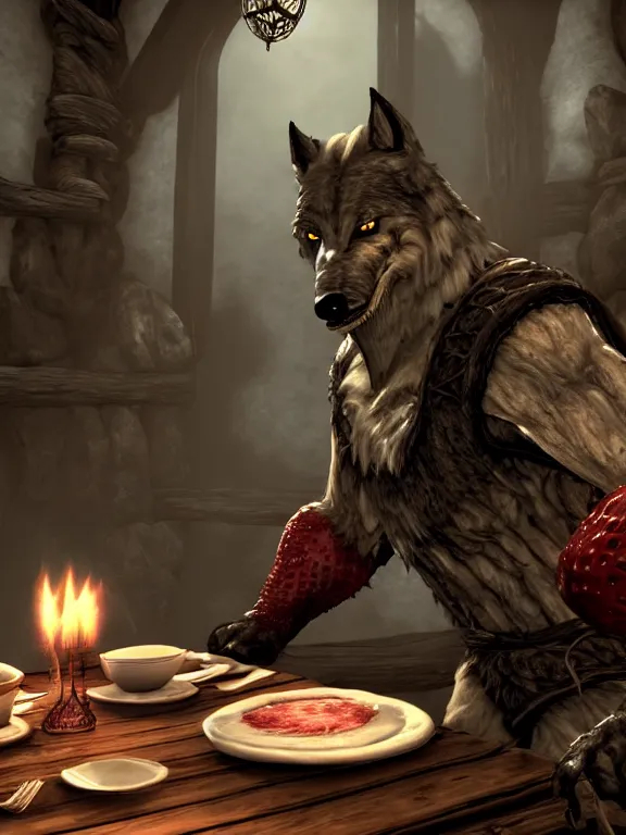 Image similar to cute handsome cuddly burly surly relaxed calm timid werewolf from van helsing sitting down at the breakfast table in the kitchen of a normal country home cooking having fun lighthearted whimsy whimsical baking strawberry tart cakes unreal engine hyperreallistic render 8k character concept art masterpiece screenshot from the video game the Elder Scrolls V: Skyrim