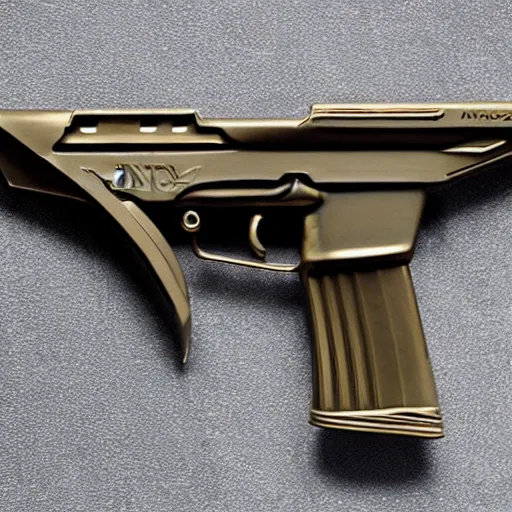 Prompt: mac 1 0 magazine clip, side view, realistic, in bronze