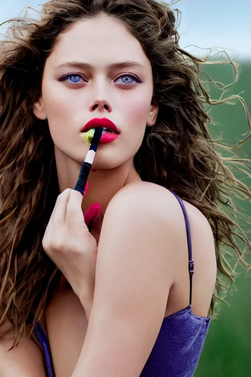 Image similar to Extreme Close-Up (ECU) colorful portrait photo of a beautiful Emily Didonato wearing maybelline, smoking a cigarette in the field, cinematic lighting, cinematic composition, cinematic atmosphere. Vogue photography Sigma 85mm f/5-6.3 lens, portrait winning photograph