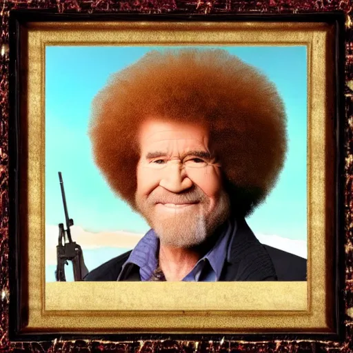 Prompt: Bob Ross with 50 guns on back, goes hard, gritty, patriotic, warrior, bad-ass