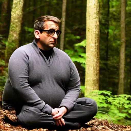 Image similar to chubby Steve Carell meditate in the Forest