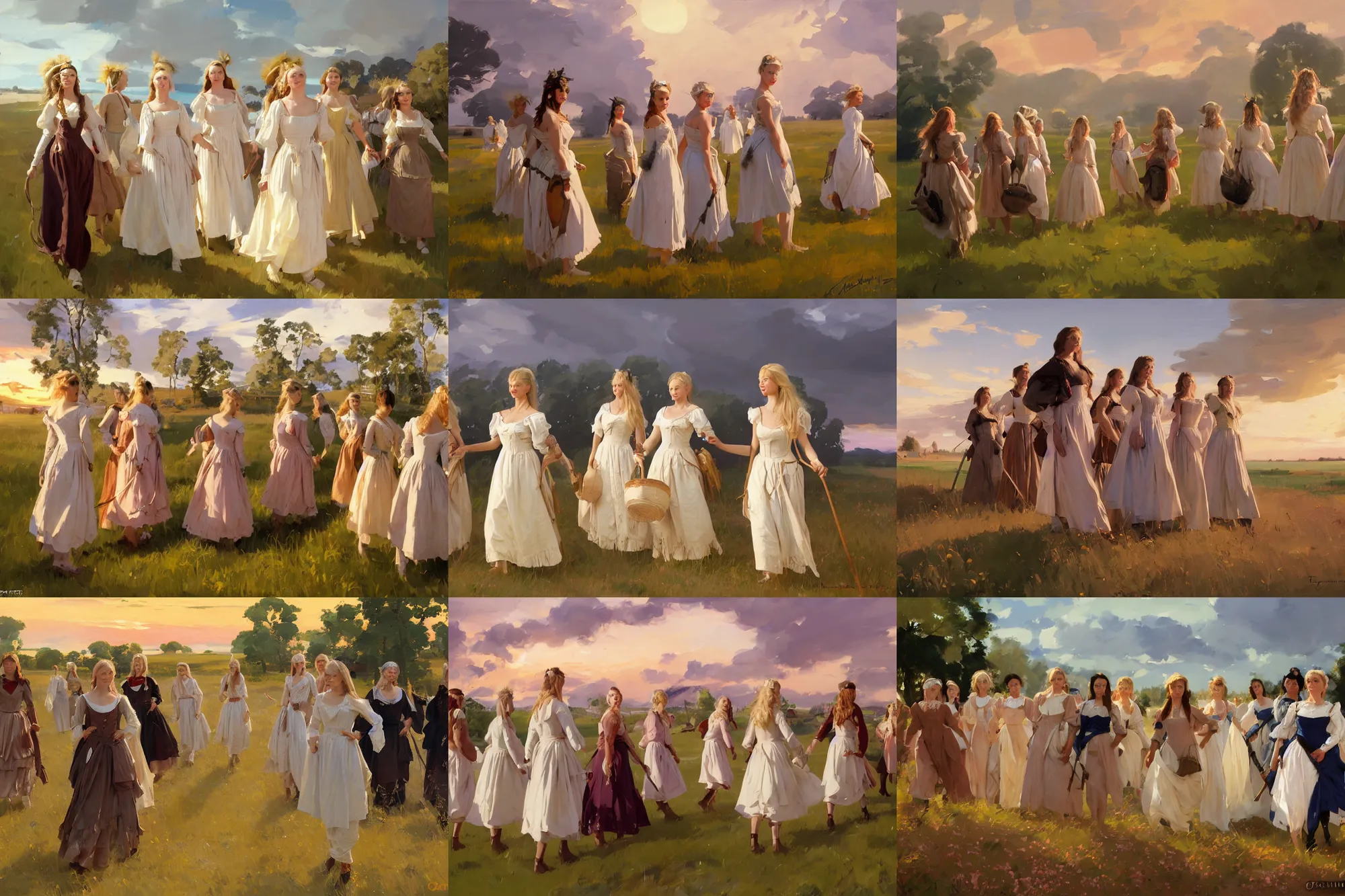 Prompt: a group of finnish norwegian swedish scandinavian attractive glamour models wearing as village maidens in 1 7 th century bodice with low neckline walking in the field at sunset, jodhpurs greg manchess painting by sargent and leyendecker, studio ghibli fantasy medium shot asymmetrical intricate elegant matte painting illustration hearthstone, by greg rutkowski by greg tocchini by james gilleard