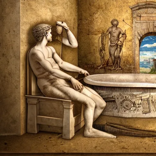 Image similar to the bathroom in ancient rome,real photo,highly detailed,crazy details,realistic,unusual