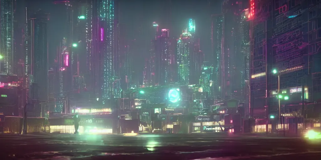 Image similar to a close up of a 'Moscow city' in the atmospheric solar punk anime film, neon noir, at night with lights, by makoto shinkai, in the anime series ergo proxy, beautiful specular edge highlights and rim lighting