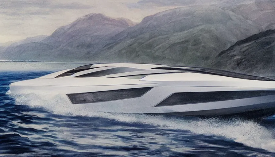 Prompt: concept drawing of a speedboat by Giorgetto Giugiaro, full color magazine print