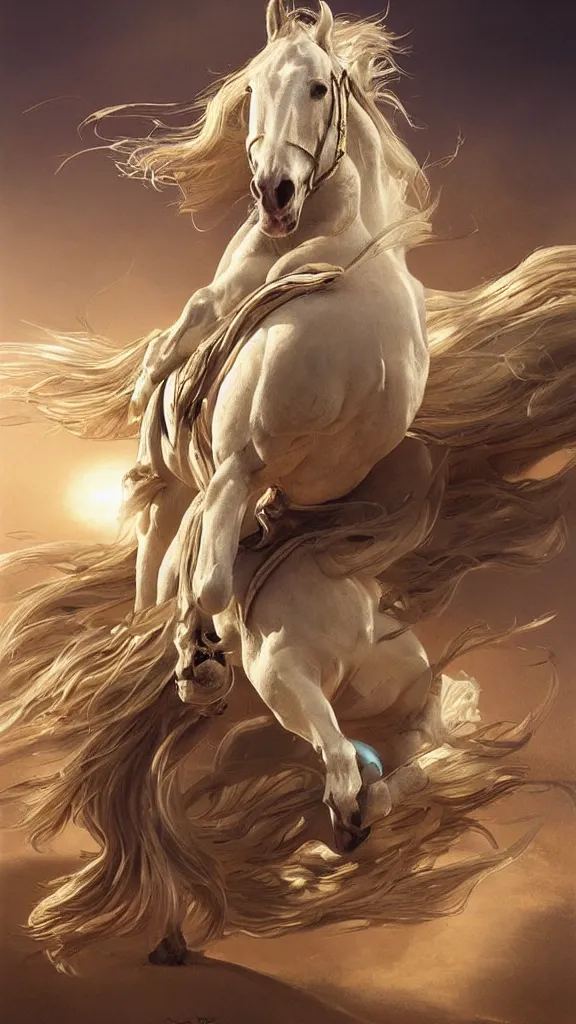 Image similar to a white horse run in a desert, direct sunlight, gold pieces, shiny gold, glowing, vivid, detailed painting, by Ross Tran, WLOP, artgerm and James Jean, masterpiece, award winning painting,