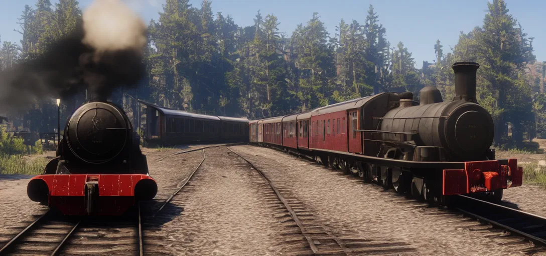 Image similar to A train in red dead redemption 2, screenshot, high quality image, widescreen, 8k, octane render