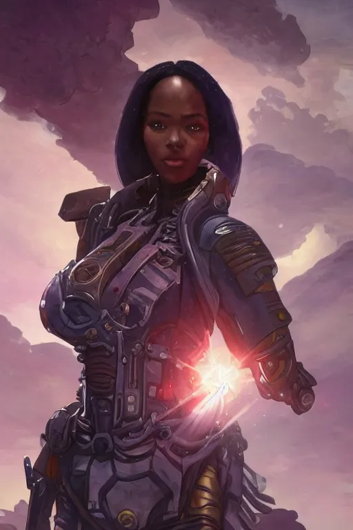 Image similar to heroic image of an african woman space pirate from warhammer 40k standing on the bridge of her spaceship, art by artgerm and greg rutkowski and alphonse mucha and Charlie Bowater Trending on artstation, artstationHD, artstationHQ, 4k, 8k