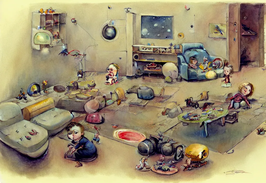 Image similar to toddler ( ( ( ( ( 1 9 5 0 retro futuristic living room. muted colors. toys laying around ) ) ) ) ) by jean baptiste monge