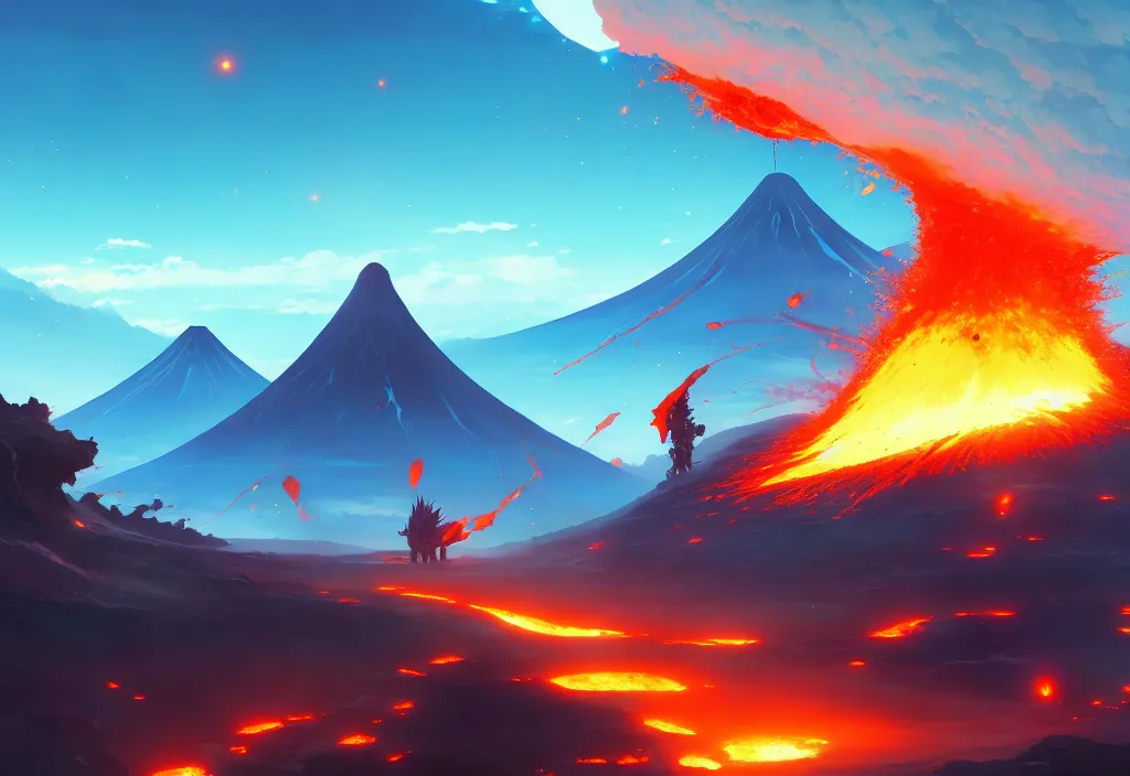 Prompt: erupting volcano on a alien planet, anime, official fanart behance hd artstation by jesper ejsing and makoto shinkai, 4 k,