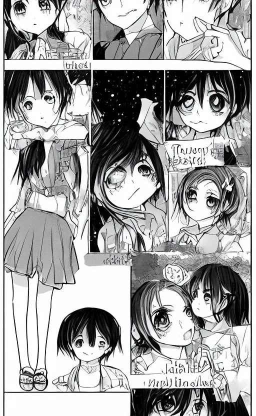 Image similar to a page of multi-panel shoujo!! ai school!! manga, black and white chibi manga!!! style, kawaii manga, japanese text kanji