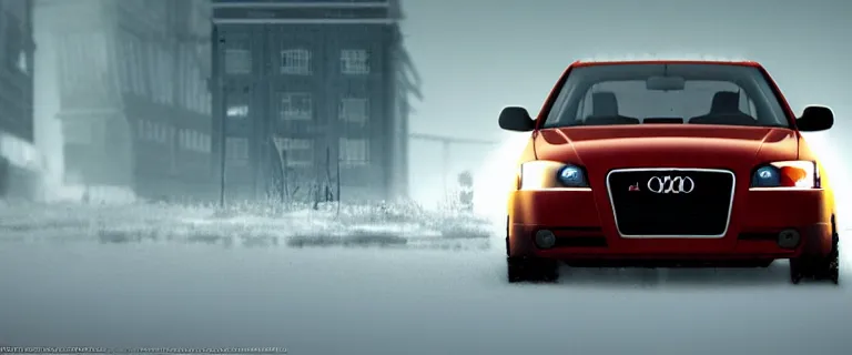 Image similar to Audi A4 B6 Avant (2002), eldritch horror anomaly, a gritty neo-noir, dramatic lighting, cinematic, eerie person, death, homicide, homicide in the snow, gunshots, establishing shot, extremely high detail, photorealistic, red fog, chaos, arson, burning city, cinematic lighting, artstation, by simon stalenhag, Max Payne (PC) (2001) winter New York at night, In the style of Max Payne 1 graphic novel, flashing lights, Poets of the Fall - Late Goodbye