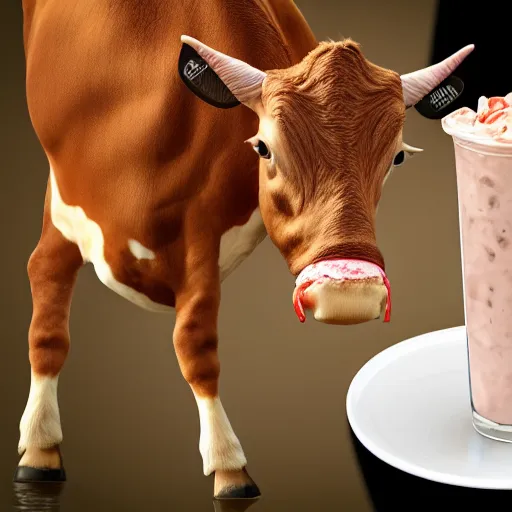 Prompt: a well dressed milkshake next to a brilliant shrimp, in the mouth of a cow, hyper realistic, sharp focus, hyper - detailed, 8 k resolution