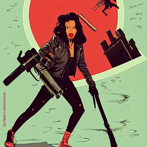 Image similar to a comic noir illustration of a woman hunting zombies in a post - apocalyptic desert, by queens of the stone age, by sachin teng, by tristan eaton, by victo ngai, artgerm, rhads, ross draws, 8 k, hyperrealistic, high contrast, dark vibes, pastel lighting, depth of field