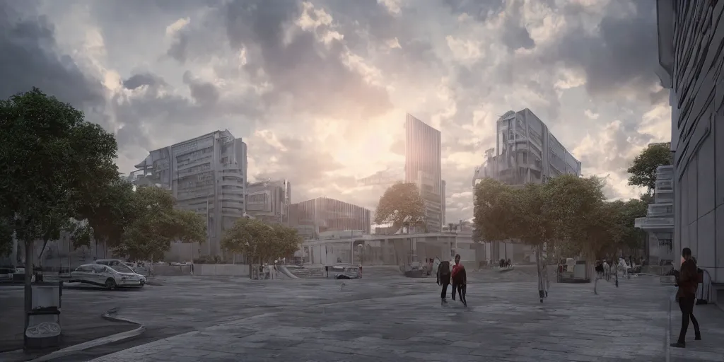 Image similar to extremely detailed photorealistic architectural visualization,corona octane render, vray chaos group, correct composition, building in high-tec style, award architecture detailed, with correct lines and correct perspective, on the beautiful cloudy sky sunset background and detailed beautiful people walking around