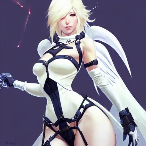 Image similar to greg manchess painting of a 2 yorha type a no. 2 as mercy from overwatch!! in a wartorn environment, white long hair, large white wings, organic painting, trending on artstation, by huang guangjian and gil elvgren and sachin teng