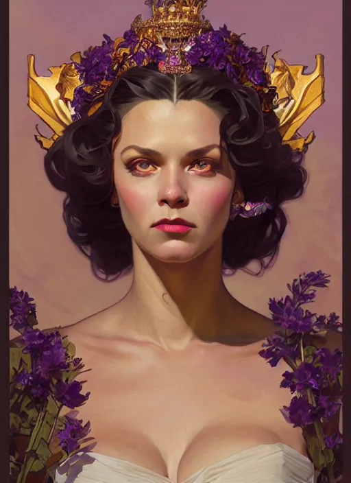 Image similar to leyendecker, brom, lovely tiger queen, portrait, long hair, crown, flowerpunk, crystal coated dark dark violet flowers, by greg rutkowski, anato finnstark, alphonse mucha, global illumination, radiant light